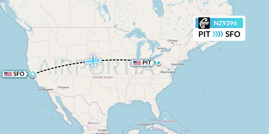 NZ9396 Air New Zealand Flight Map: Pittsburgh to San Francisco