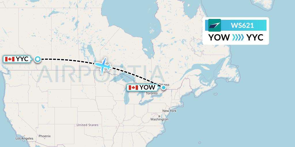 WS621 WestJet Flight Map: Ottawa to Calgary