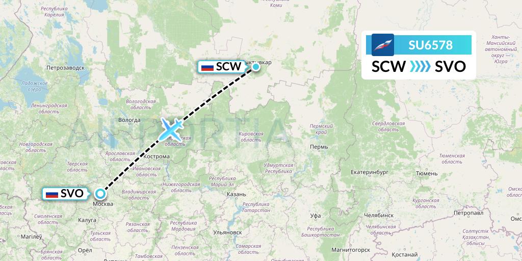 SU6578 Aeroflot Flight Map: Syktyvkar to Moscow