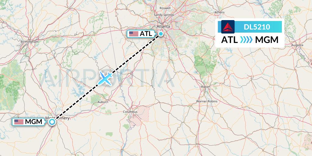 DL5210 Delta Air Lines Flight Map: Atlanta to Montgomery