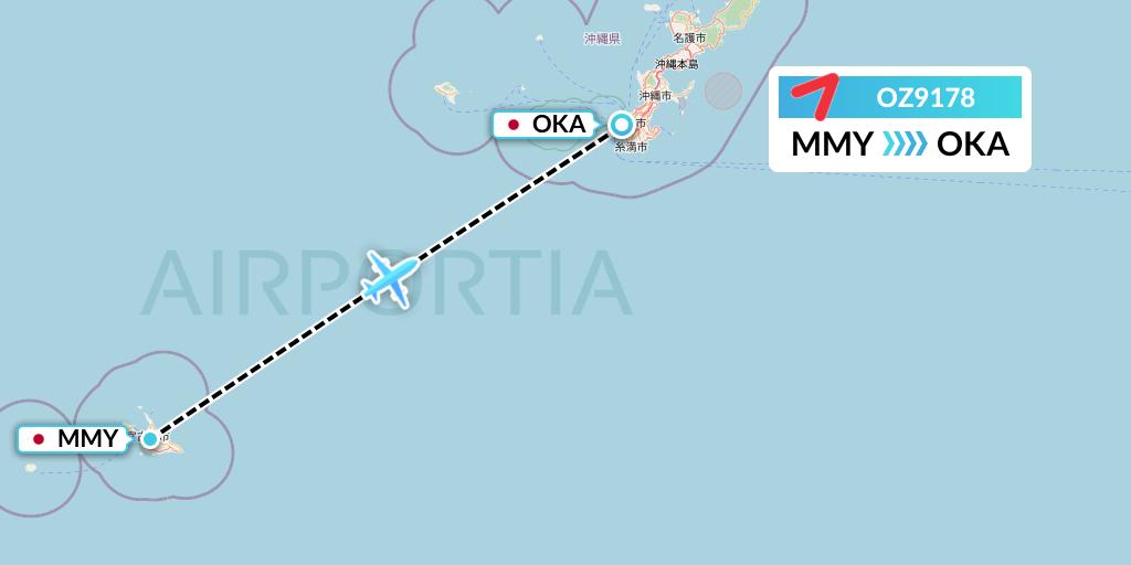 OZ9178 Asiana Airlines Flight Map: Miyako to Naha