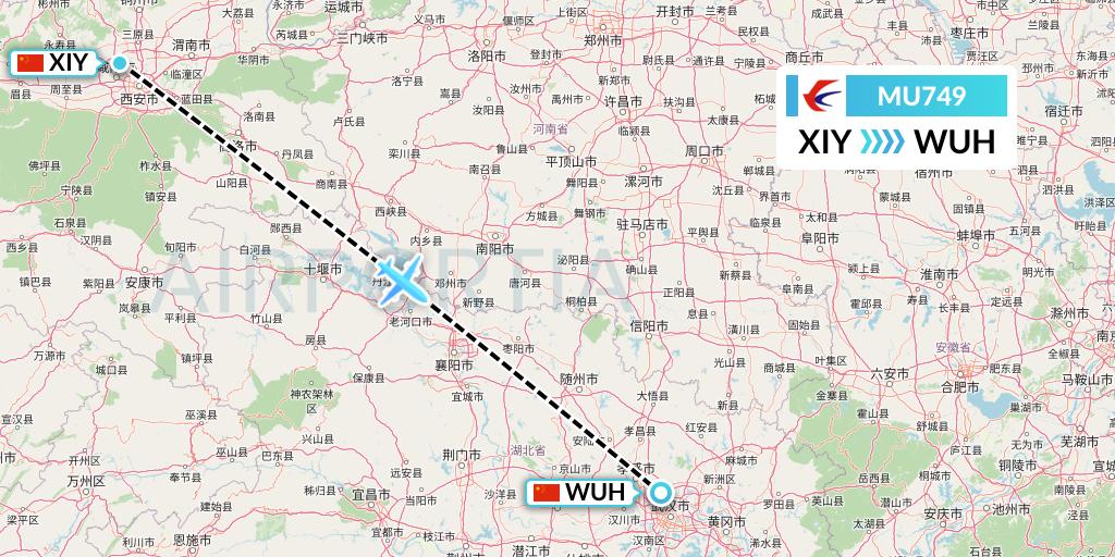 MU749 China Eastern Airlines Flight Map: Xi'an to Wuhan