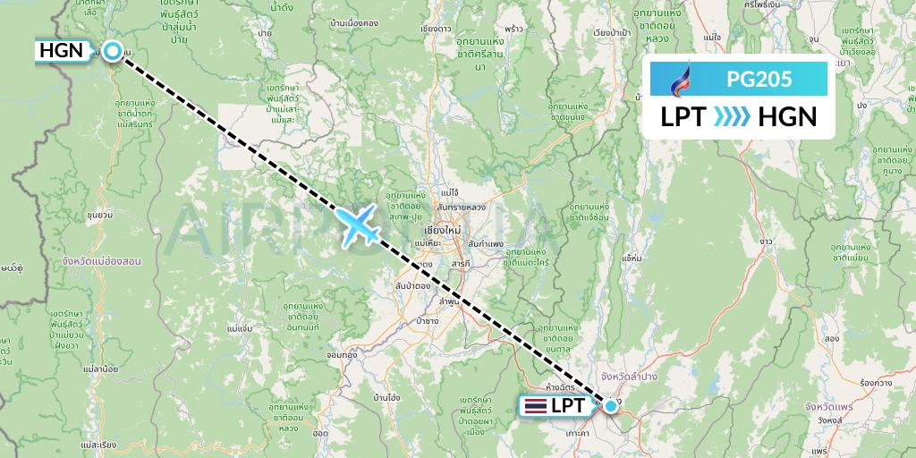 PG205 Bangkok Airways Flight Map: Lampang to Thailand