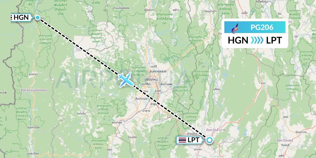 PG206 Bangkok Airways Flight Map: Thailand to Lampang
