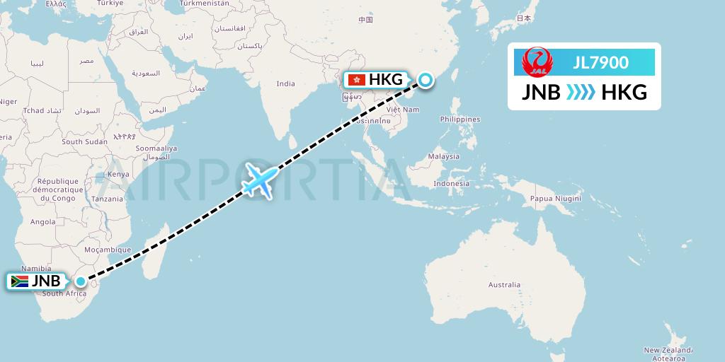 JL7900 Japan Airlines Flight Map: Johannesburg to Hong Kong