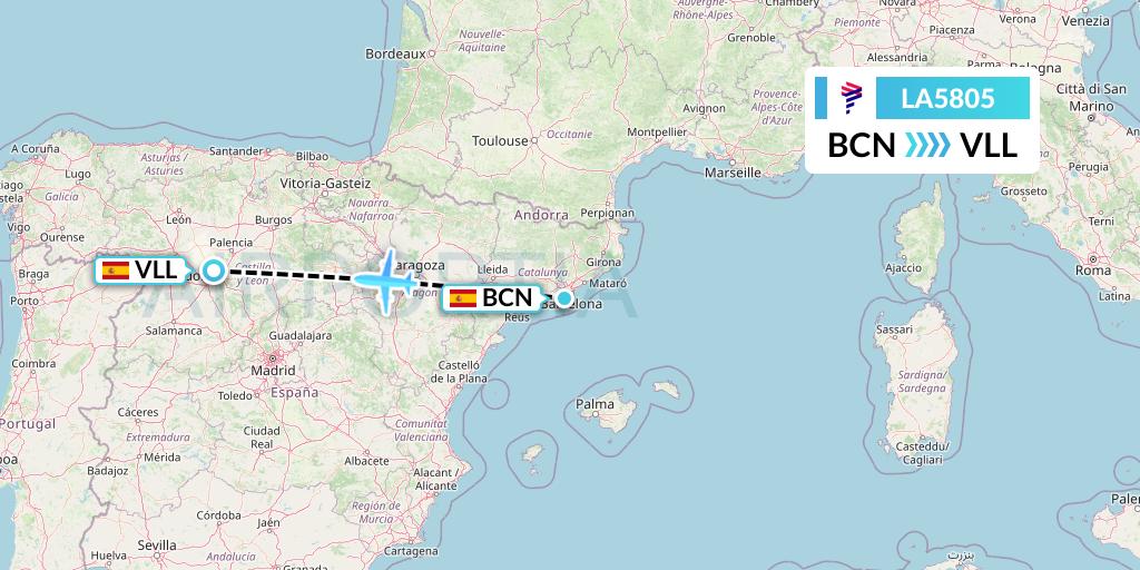 LA5805 LAN Airlines Flight Map: Barcelona to Valladolid