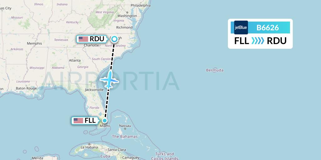 B6626 JetBlue Airways Flight Map: Fort Lauderdale to Raleigh-Durham