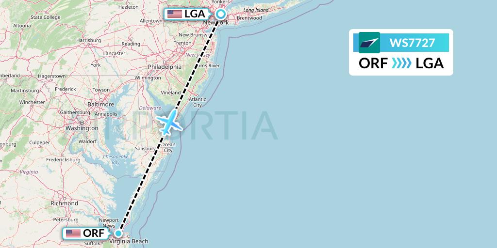 WS7727 WestJet Flight Map: Norfolk to New York