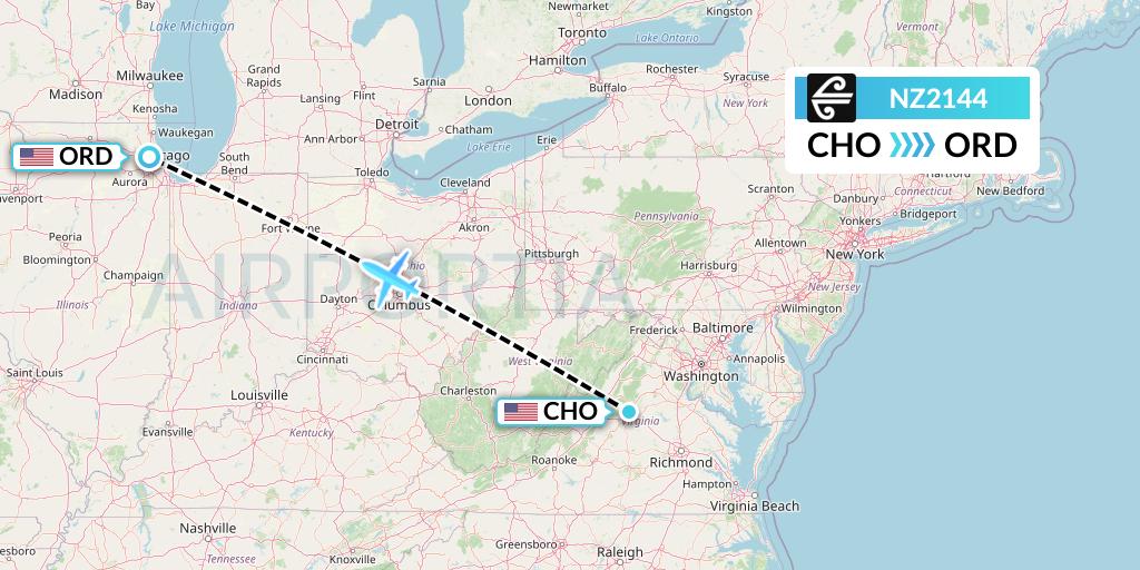 NZ2144 Air New Zealand Flight Map: Charlottesville to Chicago