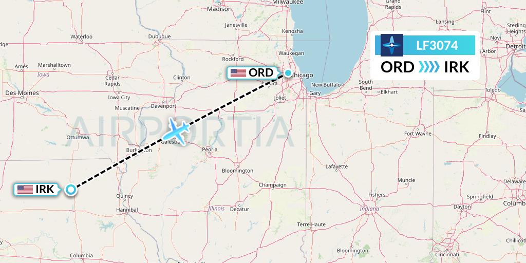 LF3074 Corporate Flight Management Flight Map: Chicago to Kirksville