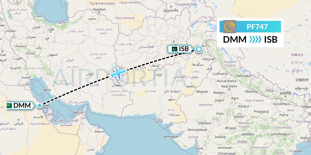 PF747 Air Sial Flight Map: Dammam to Islamabad