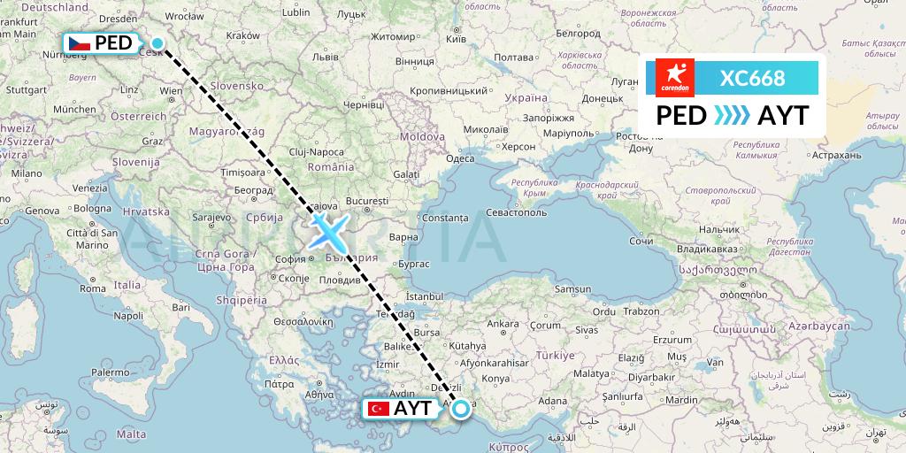 XC668 Corendon Airlines Flight Map: Pardubice to Antalya