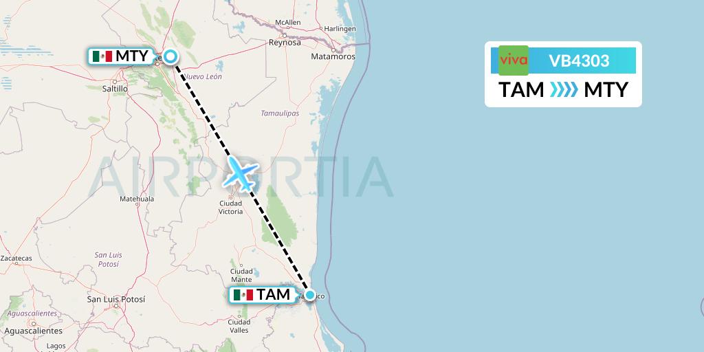 VB4303 VivaAerobus Flight Map: Tampico to Monterrey
