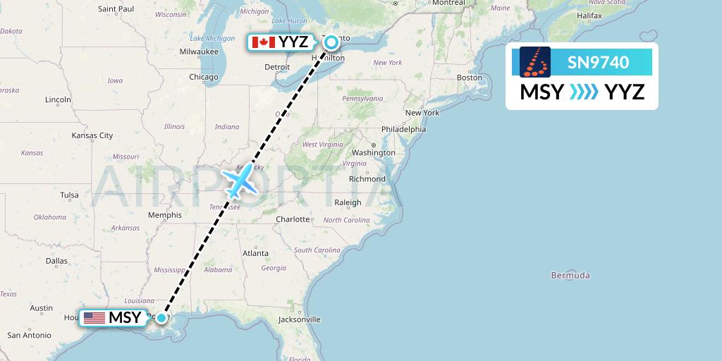 SN9740 Brussels Airlines Flight Map: New Orleans to Toronto