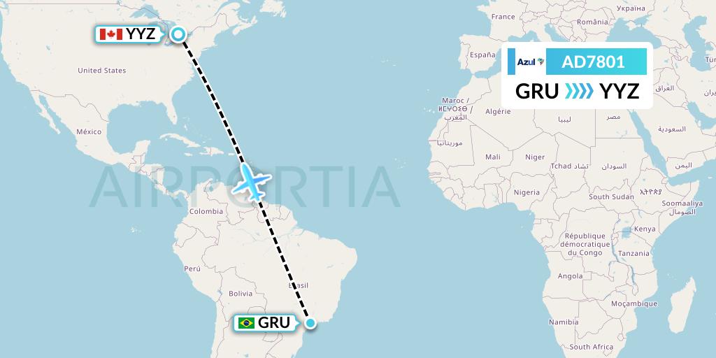 AD7801 Azul Brazilian Airlines Flight Map: Sao Paulo to Toronto