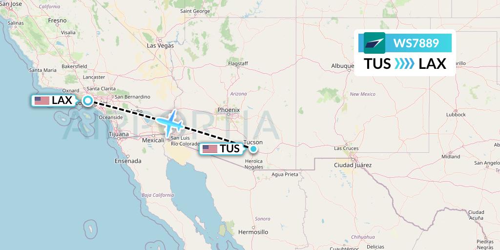 WS7889 WestJet Flight Map: Tucson to Los Angeles