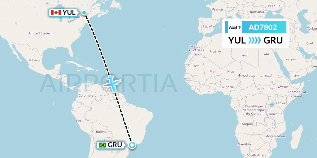 AD7802 Azul Brazilian Airlines Flight Map: Montreal to Sao Paulo