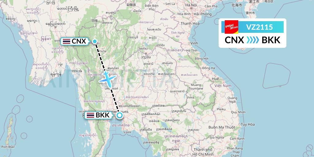 VZ2115 Thai Vietjet Air Flight Map: Chiang Mai to Bangkok