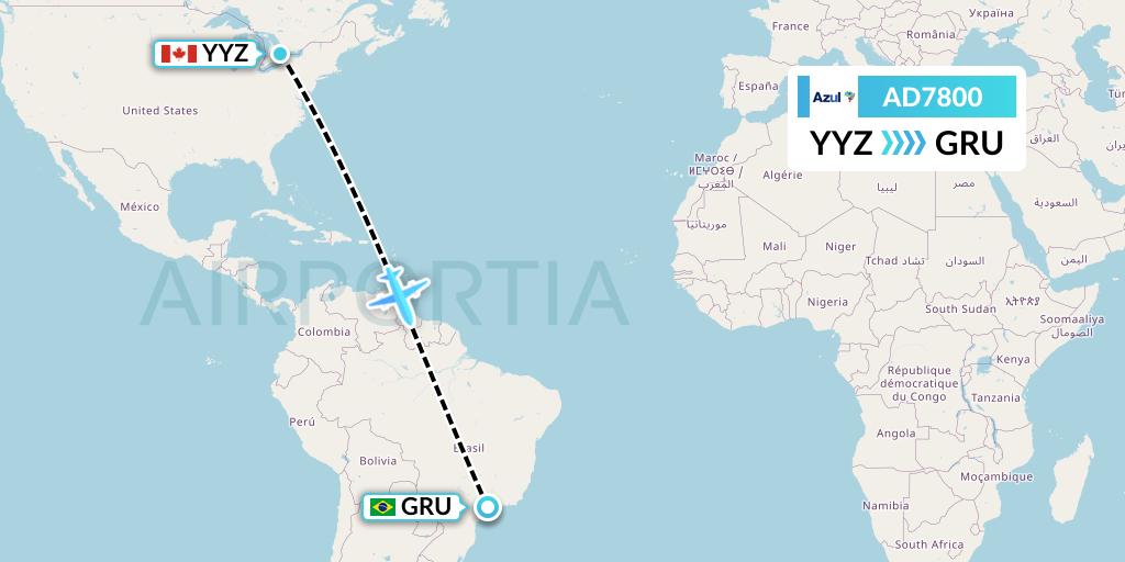 AD7800 Azul Brazilian Airlines Flight Map: Toronto to Sao Paulo
