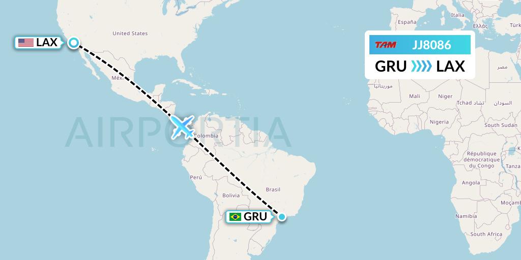 JJ8086 TAM Linhas Aereas Flight Map: Sao Paulo to Los Angeles