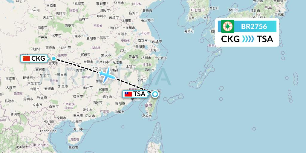BR2756 EVA Air Flight Map: Chongqing to Taipei