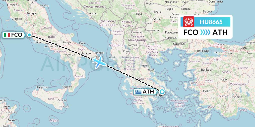 HU8665 Hainan Airlines Flight Map: Rome to Athens
