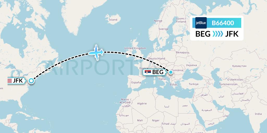 B66400 JetBlue Airways Flight Map: Belgrade to New York