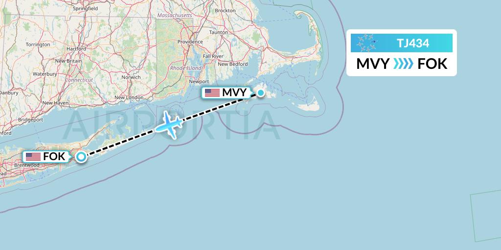TJ434 Tradewind Aviation Flight Map: Martha's Vineyard to Westhampton Beach