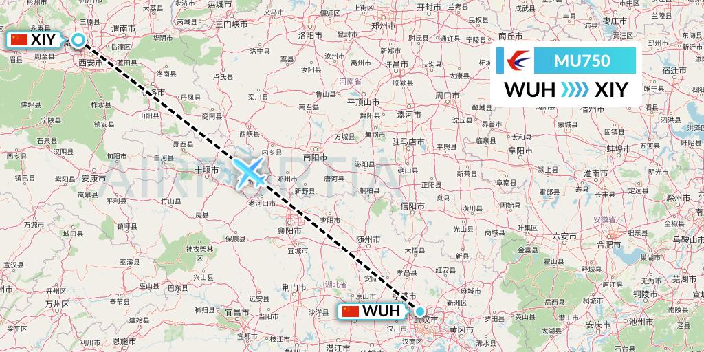 MU750 China Eastern Airlines Flight Map: Wuhan to Xi'an