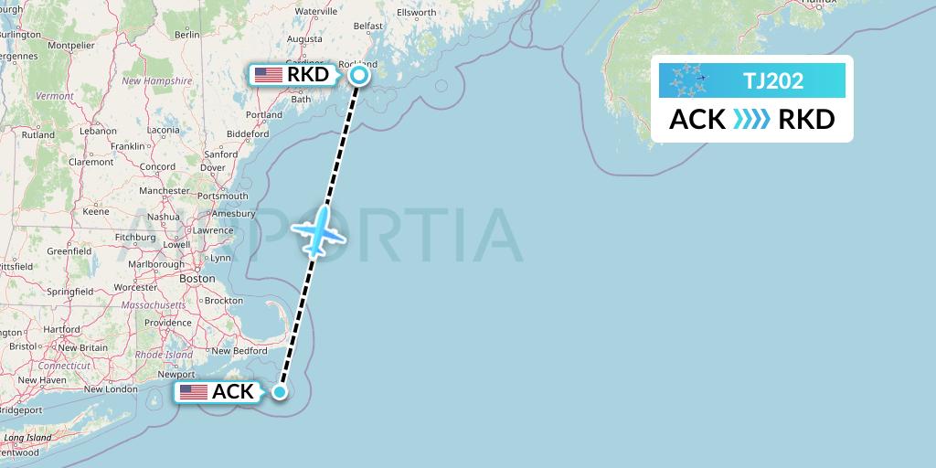 TJ202 Tradewind Aviation Flight Map: Nantucket to Rockland
