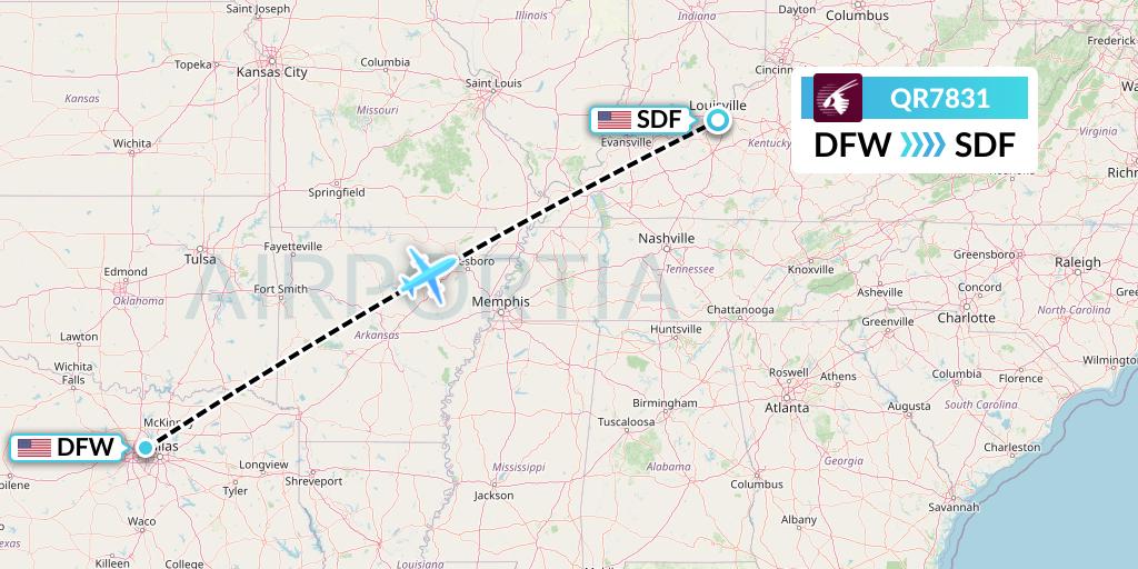QR7831 Qatar Airways Flight Map: Dallas to Louisville