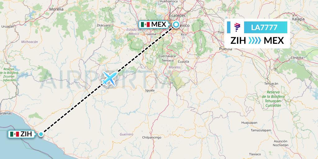 LA7777 LAN Airlines Flight Map: Zihuatanejo to Mexico City