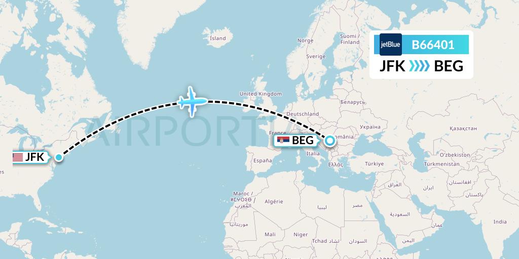 B66401 JetBlue Airways Flight Map: New York to Belgrade
