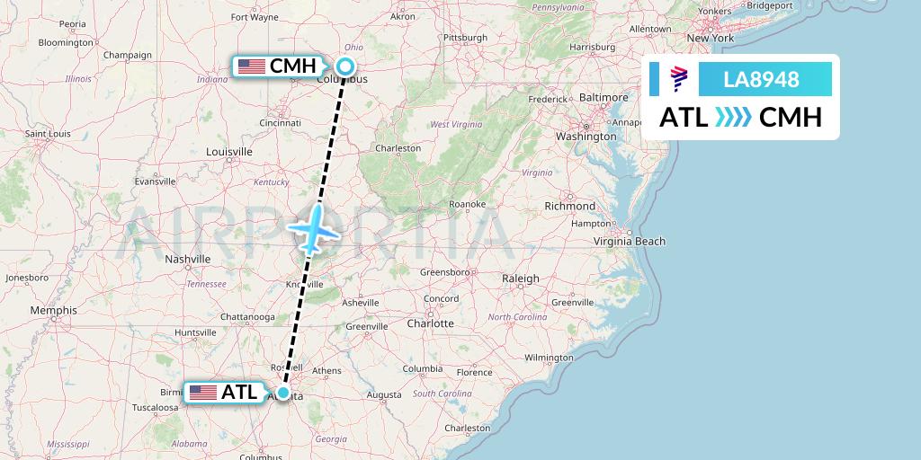 LA8948 LAN Airlines Flight Map: Atlanta to Columbus