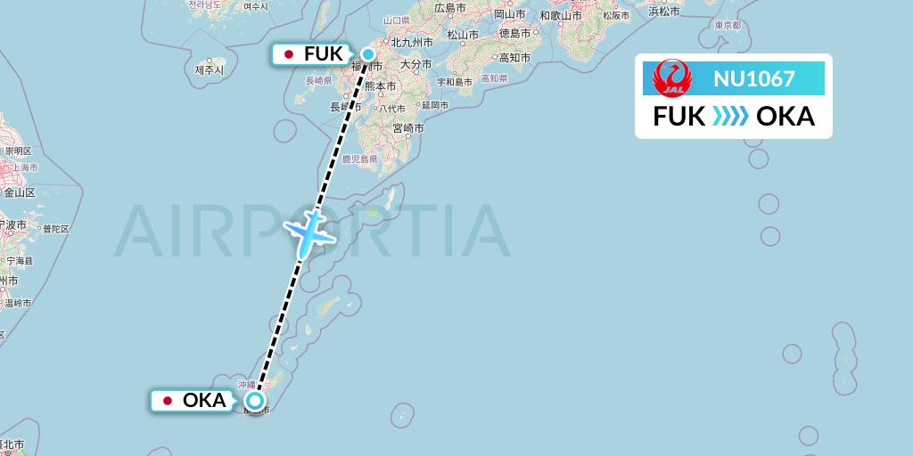NU1067 Japan Transocean Air Flight Map: Fukuoka to Naha