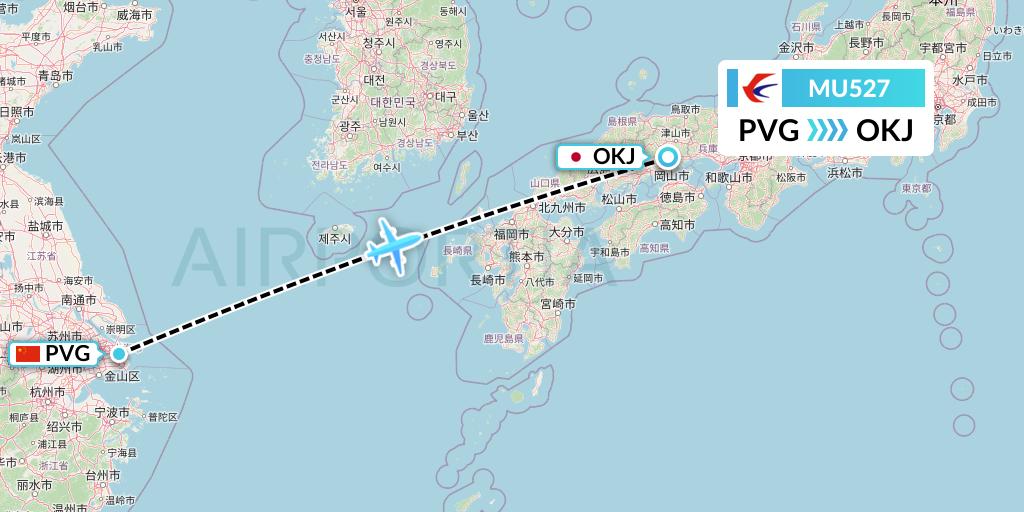 MU527 China Eastern Airlines Flight Map: Shanghai to Okayama