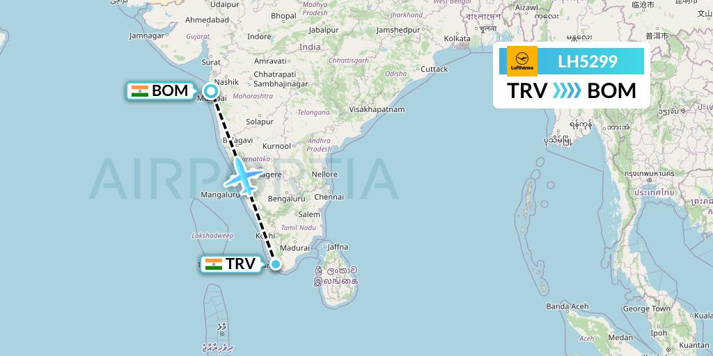 LH5299 Lufthansa Flight Map: Thiruvananthapuram to Mumbai