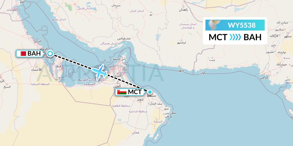 WY5538 Oman Air Flight Map: Muscat to Bahrain