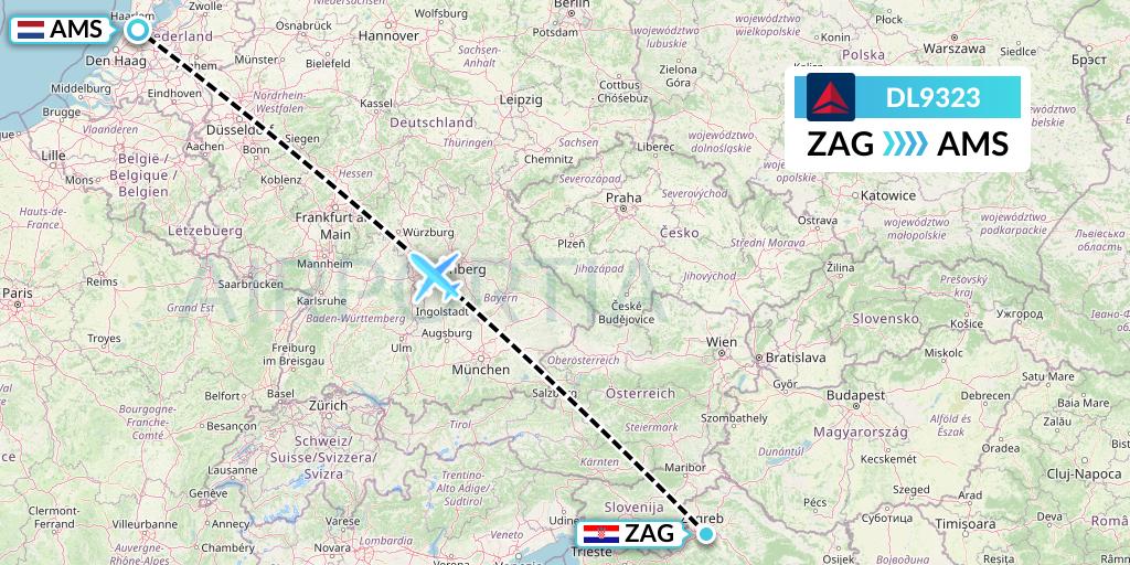 DL9323 Delta Air Lines Flight Map: Zagreb to Amsterdam