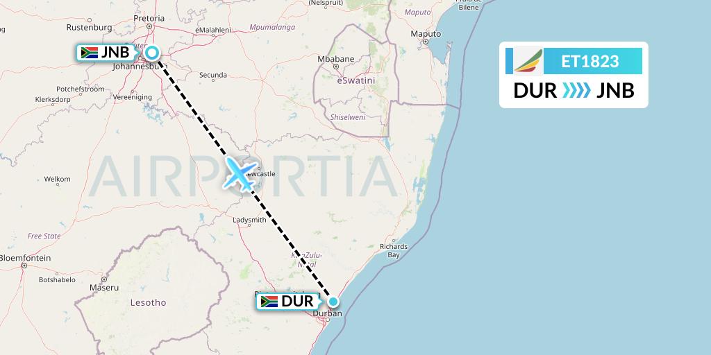 ET1823 Ethiopian Airlines Flight Map: Durban to Johannesburg