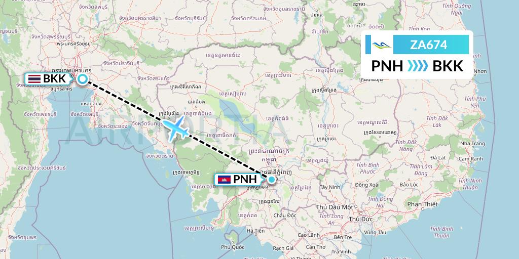 ZA674 Sky Angkor Airlines Flight Map: Phnom Penh to Bangkok