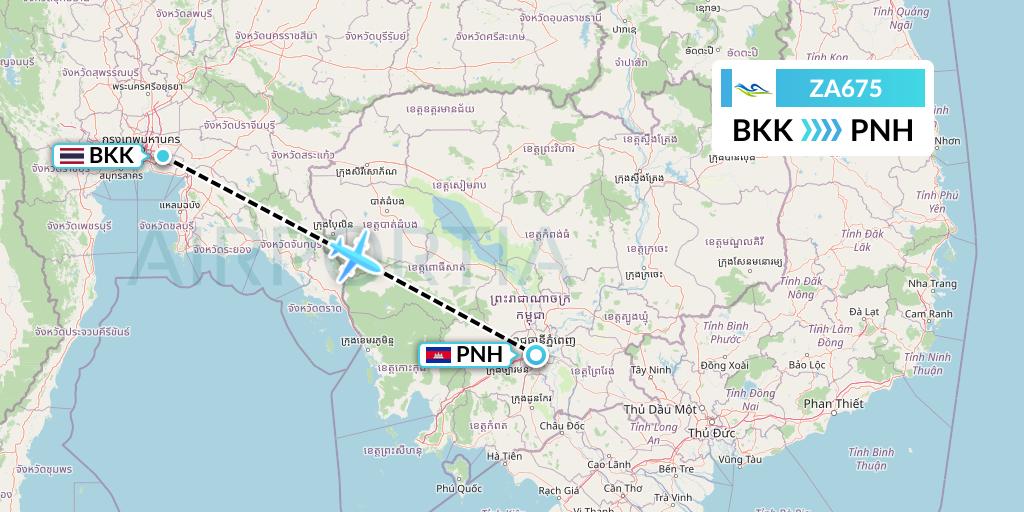 ZA675 Sky Angkor Airlines Flight Map: Bangkok to Phnom Penh
