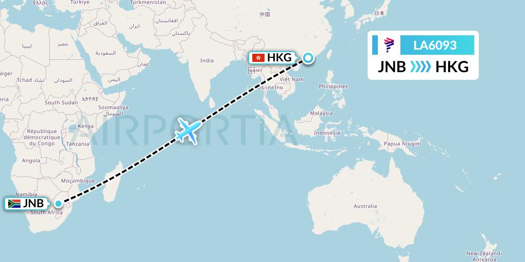 LA6093 LAN Airlines Flight Map: Johannesburg to Hong Kong