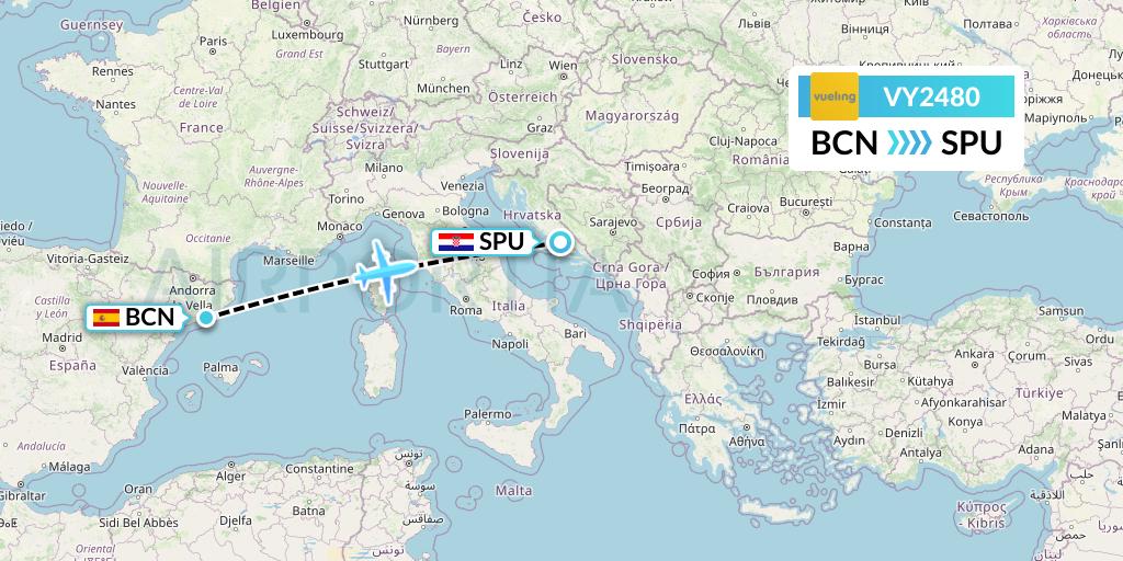 VY2480 Vueling Flight Map: Barcelona to Split