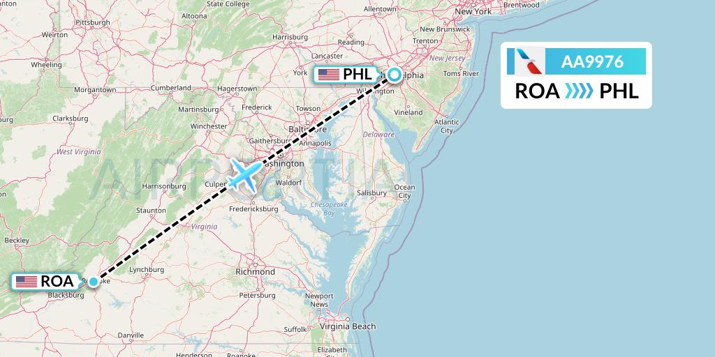 AA9976 American Airlines Flight Map: Roanoke to Philadelphia