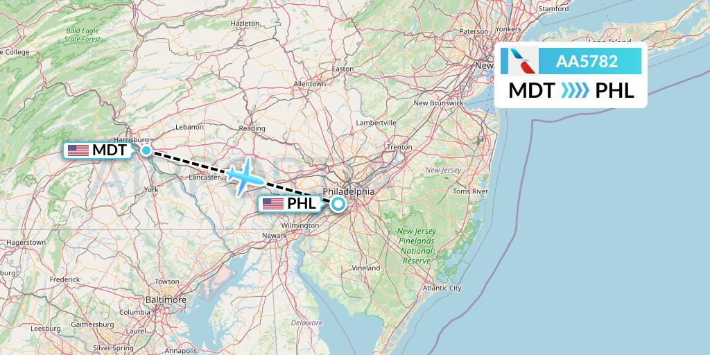 AA5782 American Airlines Flight Map: Harrisburg to Philadelphia