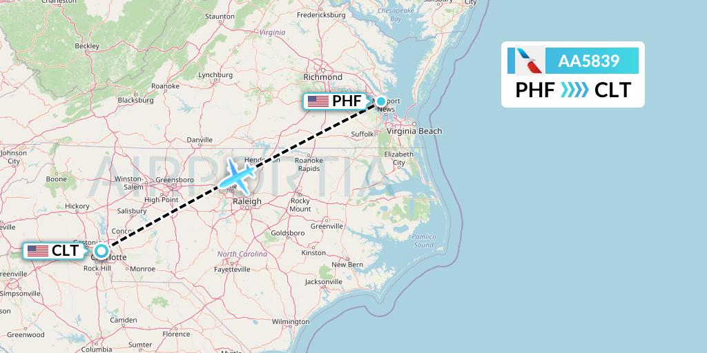 AA5839 American Airlines Flight Map: Newport News to Charlotte