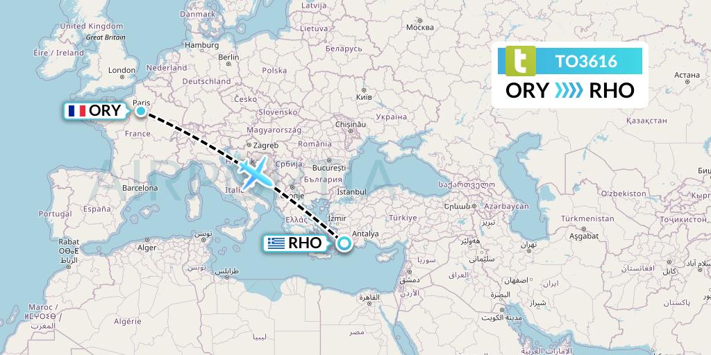 TO3616 Transavia France Flight Map: Paris to Rhodes