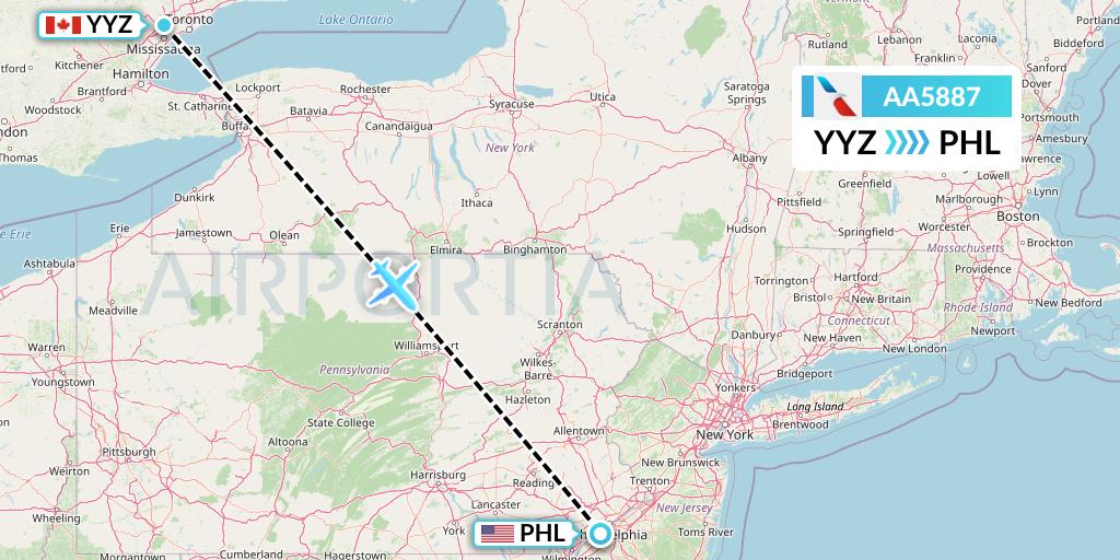 AA5887 American Airlines Flight Map: Toronto to Philadelphia