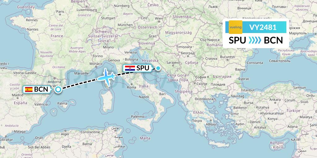 VY2481 Vueling Flight Map: Split to Barcelona